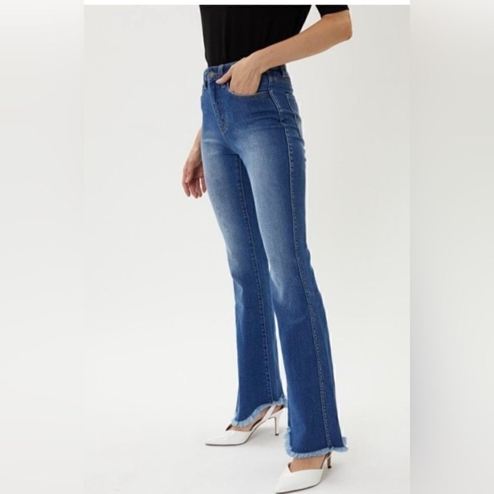 KanCan Jeans High Rise Flare Leg Stretch Faded Blue raw hem. 7